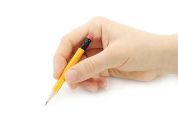 Woman hand with a short pencil on a white background
