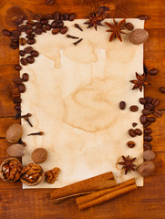 old paper for recipes and spices on wooden table