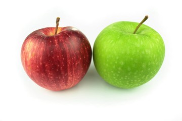 Red and green apple on white background