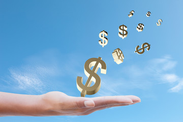 Dollar Sign on hand on blue sky background