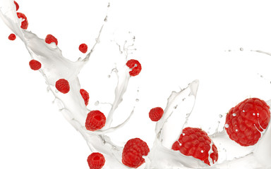 Raspberries in milk splash, isolated on white background