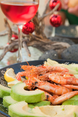 fried prawns and avocado