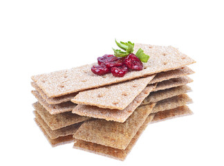 stack of crispbread ,reflection, blueberry red, green leaf