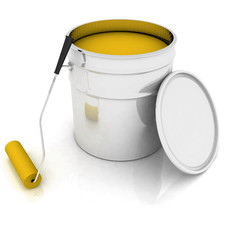 open bucket with yellow paint and roller