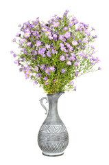 Bouquet of Pink Aster Flowers in Antique Vase Isolated on White