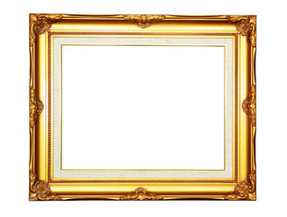 Vintage gold wood photo frame on white background