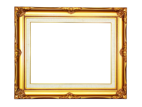 Vintage gold wood photo frame on white background