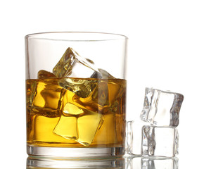 glass of whiskey and ice isolated on white