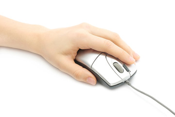 Woman hand with computer mouse on a white background