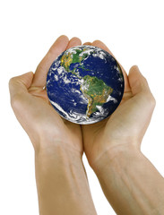Hands holding planet Earth isolated on white background