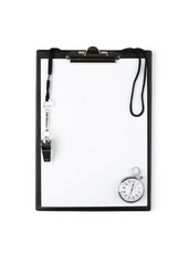 Blank clipboard with whistle and stopwatch