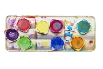 Paint box, watercolor, artist toolbox; isolated on white backgro