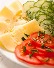 Cheese, tomato and cucumber on a plate
