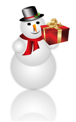 Happy snowman holding gift box