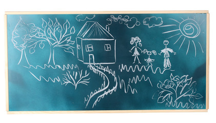 Blackboard with drawing happy family with house isolated