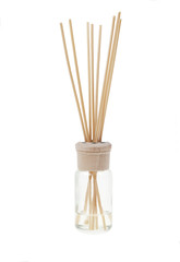 Reed Diffuser plain bottle, with wooden lid, and reeds, against a pure white background. Unbranded