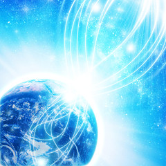 blue earth in space with rising sun