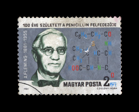Fleming Alex, famous penicillin founder, biologist, medicine specialist, Hungary, circa  1981. canceled vintage post stamp isolated on black background.
