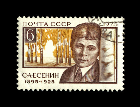 Sergey Esenin, Famous Russian Poet , Birch Trees., USSR, Circa 1975. Canceled Vintage Soviet Post Stamp Isolated On Black Background.