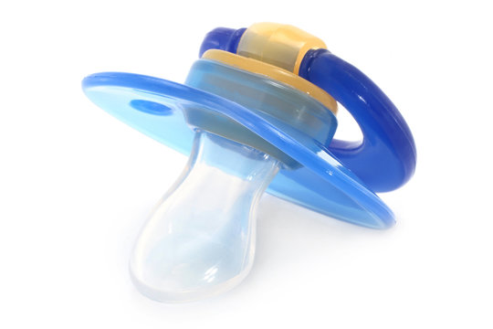 Blue baby silicone pacifier on a white background