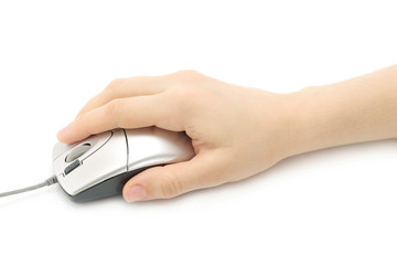 Woman hand with computer mouse on a white background