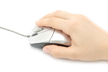 Woman hand with computer mouse on a white background