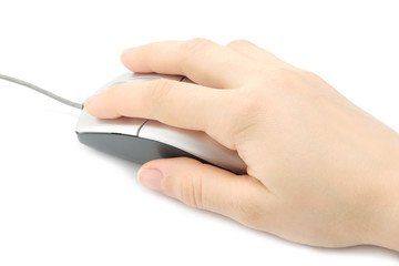 Woman hand with computer mouse on a white background