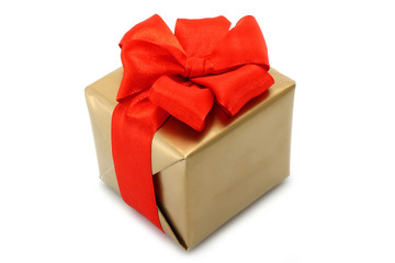 Gold present box with red bow on a white background