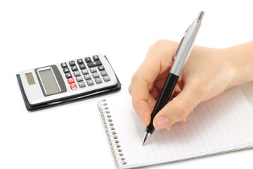Writing woman hand in notepad on a white background