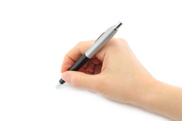 Writing woman hand on a white background