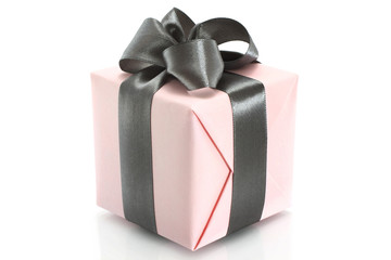 Present box with grey bow on a white background