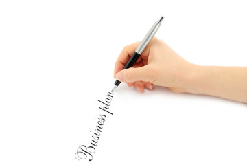Writing woman hand on a white background