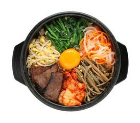 bibimbap in a heated stone bowl, korean dish