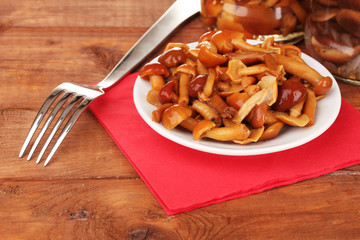 Two different marinated mushrooms in saucer on wooden table