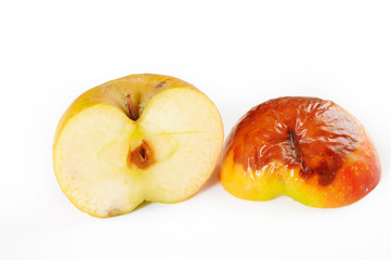 rotten apple with cut section on white background
