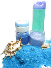 spa sea shells salt shampoo shower gel and creme