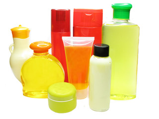 shower set of shampoo bottles body creme shower gel