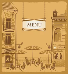 Fototapete Gezeichnetes Straßencafé Cover mit dem urbanen Café-Menü
