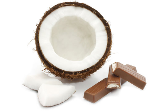 Fresh coconut and chocolate on white background