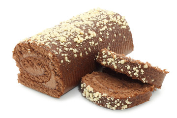 Chocolate Swiss roll closeup on a white background