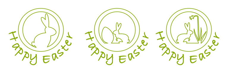 Three easter stamps with bunnies, eggs, daffodil