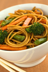 Vegetable and wholewheat spaghetti stir fry