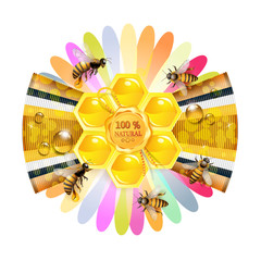 Bees and honeycomb over floral background