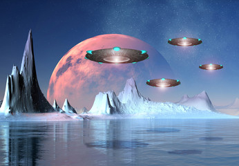 Alien World, fantasy alien planet with mountains, water and UFOs © diversepixel
