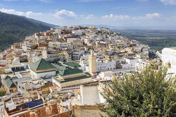 Aerial view over the green tiled roofs of the sacred city of Mou