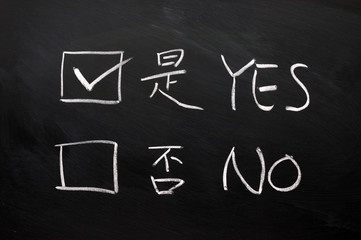 Yes and no check boxes written on a blackboard