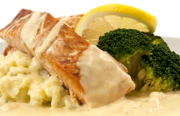 Salmon with mashed potatoes and cream shrimp sauce