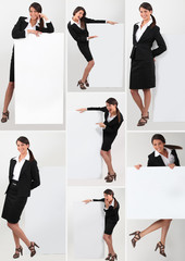 Collage of a businesswoman holding a blank sign