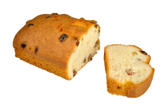 cut fruitcake with raisin