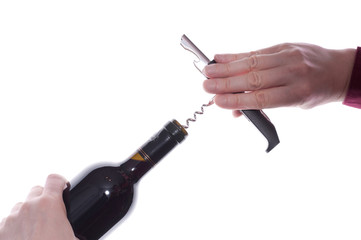 Korkenzieher und Flasche Rotwein